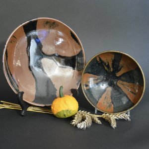 Robert McPherson Antiques - A Fine Shoji Hamada Stoneware Dish with a Black Tenmoku Glaze with a Trailed Russet Design c.1965 (25698) and Fine Song or Jin Dynasty Black Pottery Bowl of Cizhou Type (25278).