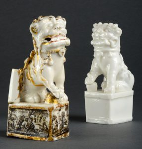 blanc de Chine lion with decoration by Ignaz Preissler and its counterpart