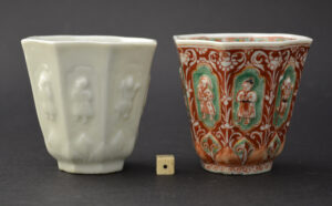 An early English decorated Kangxi Blanc de Chine faceted octagonal beaker made in Dehua, Fujian Province by Zhongtun shi (Mr. Zhongtun) stock number 24567, shown with the present example. The decoration c.1715-1720.