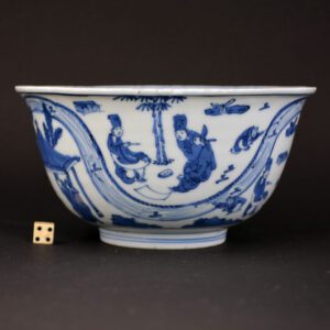 A fine Ming blue and white porcelain bowl, Jiajing six character mark and of the period 1522-1566. Painted in vibrant tones of cobalt blue with the ‘Cup Game’ from ‘The Orchid Pavilion Gathering’. Despite this bowl having a six character mark and being of the period it is not an imperial piece. SOLD Condition Some minute rim chips and fritting Size Diameter : 14 cm (5 1/2 inches) Provenance A Private English Collection Acquired c.1970. Stock number 24492 References For a Ming bowl export ware bowl, Jiajing mark and period see : Chinese Ceramics in the Topkapi Saray Museum Istanbul, A Complete Catalogue II, Yuan and Ming Porcelains (Regina Krahl, Sotheby's 1986) page 681 item 1103.