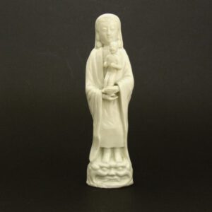 A Rare Small Blanc de Chine Model of the Virgin Mary Holding the Infant Jesus, Kangxi Period c.1690-1710. The Virgin Mary is Shown Standing on a Mythical beast, Probably a Fu Dog. Her long Hair is Covered by a Cowl and Jesus is Shown Upright with His Lower Arms Out.SOLD Condition Good, the Virgin's left hand is repaired and the fingers of her left hand are also repaired. Size Height : 22 cm (8 1/2 inches) Provenance N/A Stock number 229821 References For a larger (37 cm) Blanc de Chine Madonna and child of this type standing on a Buddhistic lion see : Fine Chinese Export Porcelain, Christie`s London, May 13th 1996, lot 214. Another Blanc de Chine Madonna and child of this type standing on a Buddhistic lion, this time 34.3 cm high can be seen in : China for the West, Chinese Porcelain & other Decorative Arts for Export Illustrated from the Mottahedeh Collection (David S. Howard and John Ayers, Sotheby`s,1978) Volume 1, page 91, plate 50. For a blanc de chine figure of this model see : Blanc de Chine (P.J. Donnelly, Faber and Faber, 1969. ISBN 571-08078-2) plate 122 A. For a earlier blue and white porcelain model from the Ming dynasty (16th century) which the present example relates to, showing Guanyin standing on a dragons head see : Blue and White For China, Porcelain Treasures in the Percival David Collection (Stacey Pierson, University of London, Percival David Foundation of Chinese Art, Clifford Press 2004. ISBN 0-7286-0358-6) page 96, plate 40.