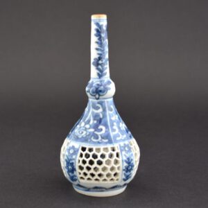 An Usual Kangxi Blue and White Linglong Rosewater Sprinkler c.1690-1720.SOLD Condition In very good condition, a tiny piece of the reticulation is repaired (see the photograph of it prior to repair). Size Height : 15.1 cm (6 inches) Provenance N/A Stock number 24368