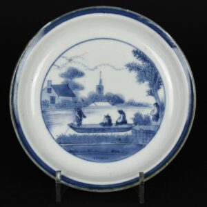A Japanese Blue and White Porcelain ‘Van Frytom’ Saucer, Arita Kilns c.1690 – 1710. This Japanese porcelain saucer is painted after the well-known Dutch Delft artist Frederik Van Frytom (1632 – 1702). It is painted with a rural scene from the Netherlands, depicting a small boat with figures, on the other side of the water are a group of buildings. The base with a poorly drawn six-character Chenghua mark (Ming 1465-1487). As far as Japanese and Dutch trade is concerned, Van Frytom is known for an incredibly important series of Delftware dishes he made for export to Japan, the bases of which were marked MB and dated 1684. For more information see ‘References’ and additional information below the photographs.SOLD Condition In perfect condition, there are two firing cracks, one to the front (in the clouds) the other to the base. Size Diameter 12.4 cm (4 3/4 inches) Provenance N/A Stock number 2 4 7 4 5