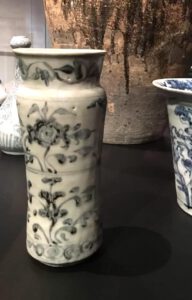A rare Ming porcelain Albarello from the wreck of the Santiago, sunk in 1600. This Chinese example was made in Fujian province, blue and white porcelain from this region of China is often called 'Swatow ware'.
