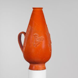 Terracotta jugRoman ca. 220–250 CE Not on view Narrow mouthed jug with one handle, and in stamped relief a man, animal, and leaves. The distinctive shape, fabric, and decoration of this vessel mark it as a product of the North African pottery industry, based in what is now Tunisia, which exported its wares widely throughout the Mediterranean.