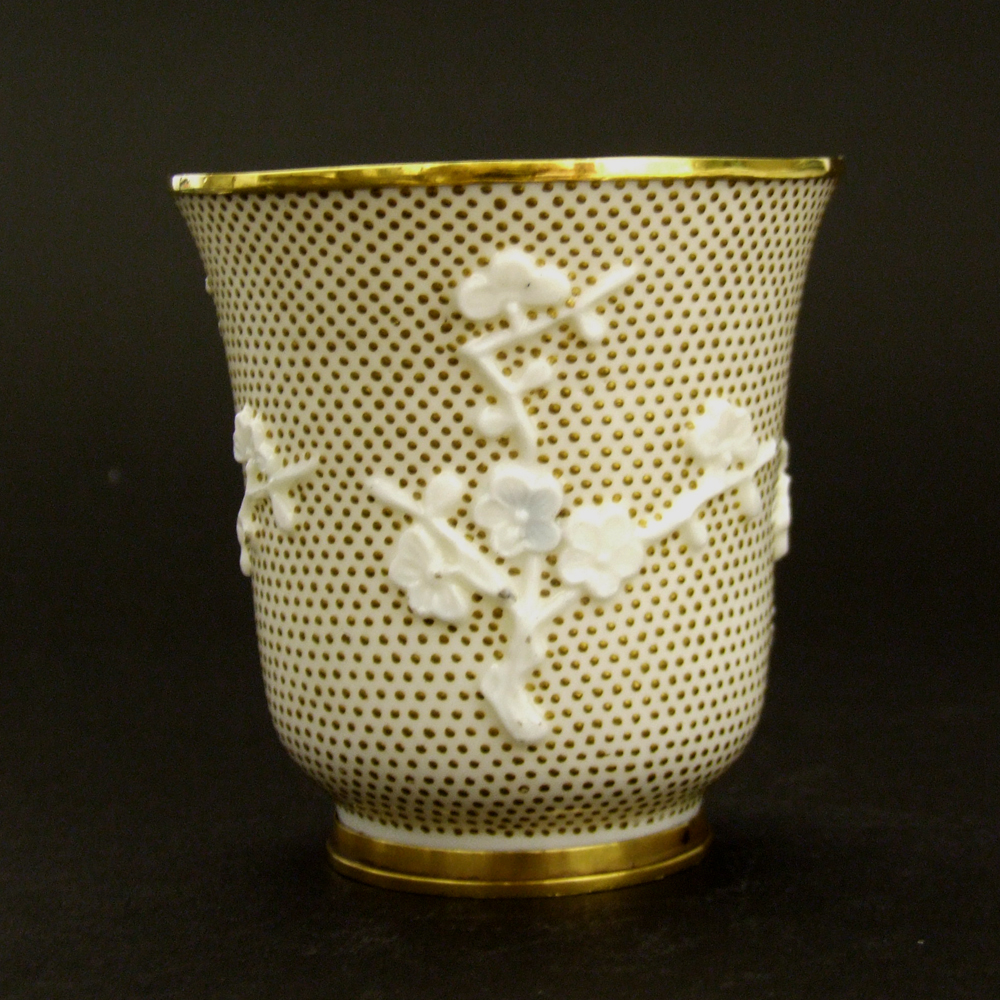 A Rare Gold Mounted and Gilt Decoration Kangxi Blanc de Chine Prunus Beaker c.1700 - 1720. The Gold Mounts and Gilt Decoration are French from the 1720`s.