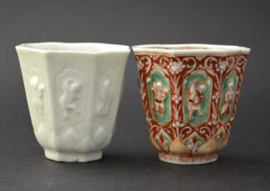 An early English decorated Kangxi Blanc de Chine faceted octagonal beaker made in Dehua, Fujian Province by Zhongtun shi (Mr. Zhongtun). The sides with recessed moulded panels containing the Eight Immortals. The base with an impressed seal-mark reading Shi Zhong Tun Family. The London decoration c.1715-1720.Shown next to an plain Blanc de Chine beaker of the same design (not included in the price) Condition In perfect condition. Size Height : 7 cm (2 3/4 inches) Provenance The Helen Espir Collection of European Decorated Chinese Export Porcelain : "a member of the Oriental Ceramic Society and collector, with her husband. Having made a typical collection of Song and provincial Ming blue and white, they decided to concentrate on what used to be called `clobbered` porcelain. She is the author of the standard work on the subject, European Decoration on Oriental Porcelain,2005, the first to examine the work of European decorators on Chinese porcelain throughout the eighteenth and nineteenth centuries, focusing on enamellers in Holland, Germany and England. She has learned Chinese." From Provenance ; Collectors, Dealers & Scholars : Chinese Ceramics in Britain & America (Roy Davids, Dominic Jellinek, Privately Printed, 2011. ISBN 978-0-9570148-0-0). Stock number 24567 References For a very similar Blanc de Chine Beaker with London Decoration of c.1700 to 1720 sold by R&G McPherson Antiques see our `Sold Items` 17976, for a Kangxi beaker of this design by Zhongtun shi (Mr. Zhongtun). For a similar English decorated blanc de chine beaker, also made by Zhongtun shi (Mr. Zhongtun) described as "painted in Holland" see : Ancient Chinese Trade Ceramics from The British Museum (Regina Krahl and Jessica Harrison-Hall, National Museum of History, Republic of China,1994. ISNB 957-00-3623-0) page 330, plate 149. For two similar London decorated blanc de chine porcelain beakers see : Chinese Export Ceramics (Rose Kerr, Luisa Mengoni, Ming Wilson, V&A Publishing 2011. ISBN 9781-85177-6320) page 99, plate 141. For the potters mark see : Blanc de Chine (P.J Donnelly, Faber and Faber, 1969) Page 358. For a very similar Blanc de Chine Porcelain beaker with the same potters mark also see Donnelly, Plate 31, top row second from the left.