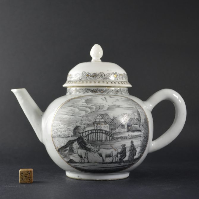 An 18th Century Dutch Decorated Chinese Export Porcelain Teapot with an 18th Century European (probably Dutch) replacement porcelain cover. The decoration found on this teapot relates to a relatively small group of Chinese Export Porcelain teawares decorated in Holland between about 1750 and 1760. They are not overdecorated, the plain white Chinese porcelain must have been ordered specially for enameling in Holland. The subject matter is of Dutch rustic landscapes with buildings and is contained within gilded bracketed borders. The decoration is always very well executed and appears to be by the same hand, the painting is confident and free flowing, and quite unlike En Grisaille porcelain imported from China. Superficially the decoration gives the appearance of being copied from engravings, however on closer inspection the free drawing of the lines appears closer to what one would expect to see on an etching. The minimum use of cross-hatching, the use curved lines, dots and dashes are also closer to etching than engraving.SOLD Condition In good condition, the end of the spout has rubbing to the gilded line. The cover is an 18th Century European (probably Dutch) replacement porcelain cover. Size Diameter 17.5 cm (7 inches) Provenance N/A Stock number 25283