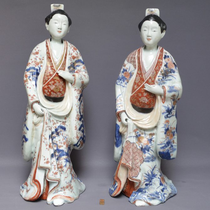 Pair of Fine and Rare Massive Japanese Porcelain Imari Bijin (Beauties), Arita Kilns c.1700 – 1730.