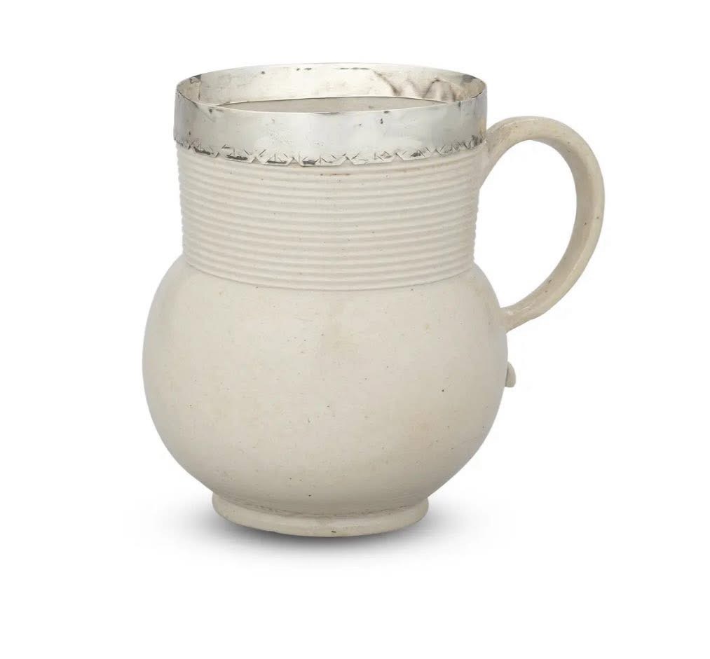 1) A very rare John Dwight (Fulham) silver-mounted whitestoneware mug or gorge, circa 1685.
