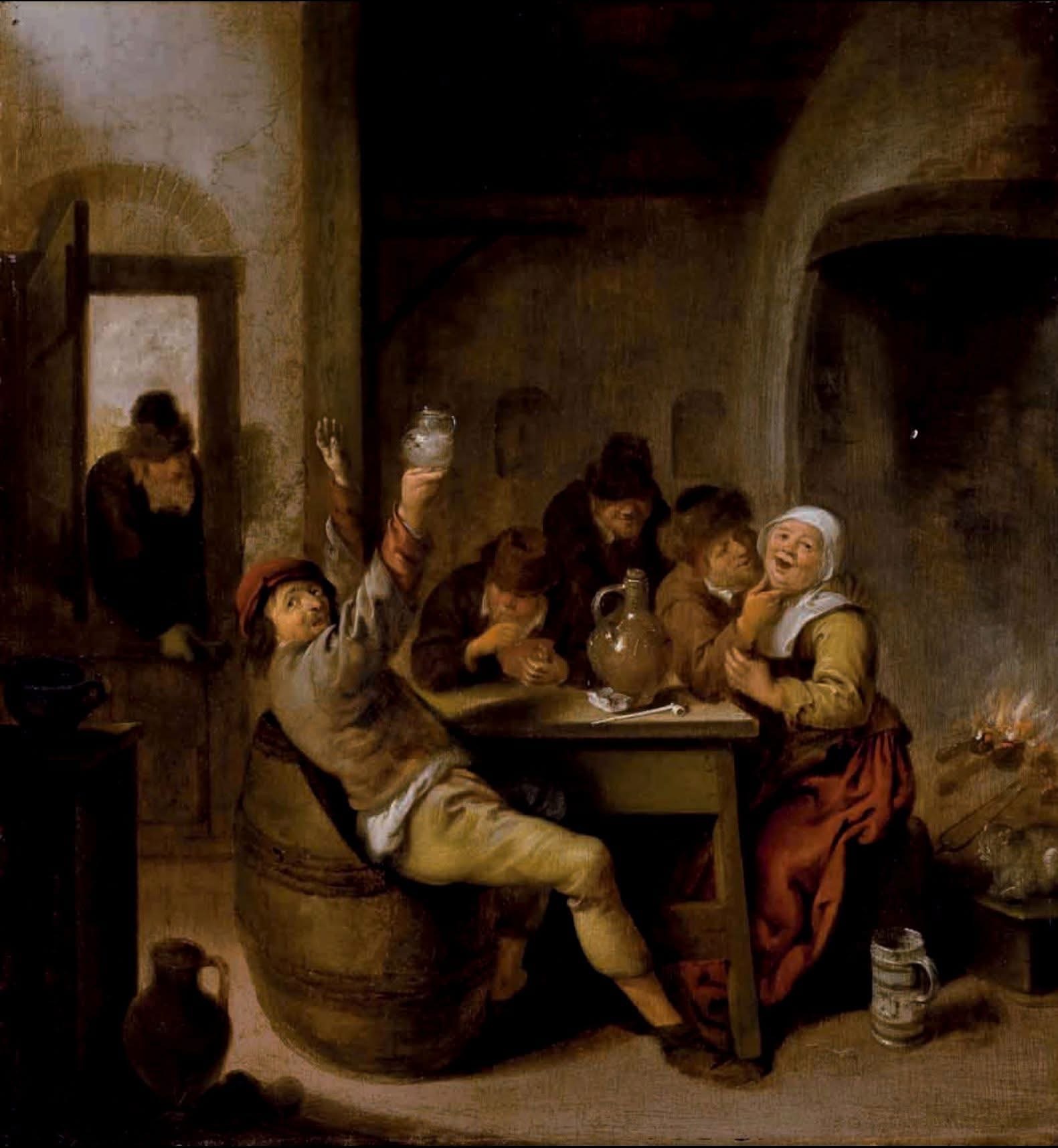 Jan Minse Molenaar's painting "Peasants drinking and smoking in the interior" depicts a scene from village life. A group of peasants gathered around a table in a tavern. One of them, sitting on a barrel, raises a glass, expressing joy and merriment. The woman to his right is laughing, and the rest of the participants in the scene are chatting animatedly. There is a pitcher and plates on the table, which emphasises the atmosphere of the feast. The painting conveys the camaraderie and carefree spirit characteristic of Molenaar's genre scenes.